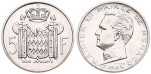 Monaco, Principality, Rainier III, 5 Francs Silver 1966, Head left, KM 141, A.UNC