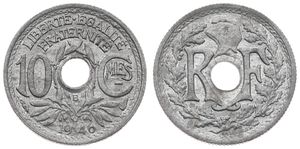 France, Republic, 10 Centimes Zinc 1946B, Center hole divides monogram, KM 906.2, A.UNC