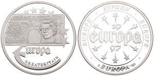 Europe, European Union, Medal in Silver 1997, Old banknote - 10 Pounds from Great Britain / Stars and legend within and around circle, PROOF