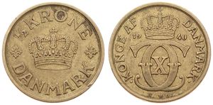 Denmark, Kingdom, Christian X, 1/2 Krone Aluminum-Bronze 1940, Crowned Monogram, KM 831.2, VF