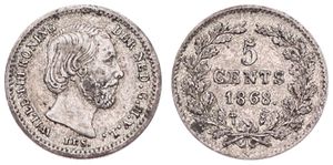 Netherlands, Kingdom, William III, 5 Cents Silver 1868, Bearded head right, KM 91, RARE DATE, A.XF
