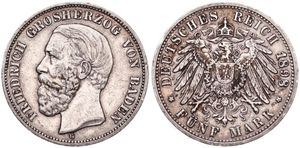 German States, Baden, Friedrich I, 5 Mark Silver 1898G, Bearded head left, KM 268, VF