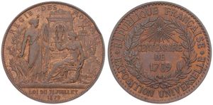 France, Republic, Medal in Copper 1879 by Borrel, Centenaire de l'Exposition Universelle 1789, Figure of France in front of Abundance / Radiant star above legend and date, XF