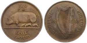 Ireland, Irish Free State, 1/2 Penny Bronze 1933, Sow with piglets, KM 2, KEY DATE, VF