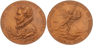 Spain, Kingdom, Alfonso XIII, Medal in Bronze 1905 by B. Maura, Bust of Miguel de Cervantes Saavedra left / Publication of the book Don Quijote,  XF (some edgenicks)