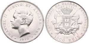 Portugal, Kingdom, Manuel II, 1000 Reis Silver 1910, Peninsular War Centennial - Head left, KM 558, XF/AU