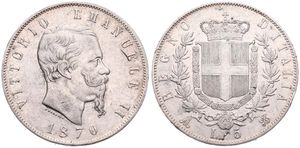 Italy, Kingdom, Vittorio Emanuele II, 5 Lire Silver 1870M BN, Bearded head right, KM 8.3, A.XF