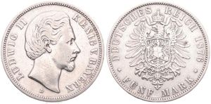 German States, Bavaria, Ludwig II, 5 Mark Silver 1876D, Bearded head right, KM 502, A.VF 