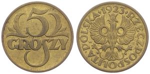 Poland, Republic, 5 Groszy Brass 1923, Crowned eagle with wings open, KM 10, VF+