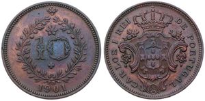 Azores, Portuguese Administration, Carlos I, 10 Reis Copper 1901, Crowned arms, KM 17, VF/XF (small edgenick)