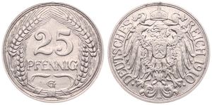 Germany, Empire, Wilhelm II, 25 Pfennig Nickel 1910G, Crowned imperial eagle with shield on breast, KM 18, XF