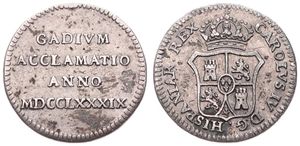 Spain, Kingdom, Carolus IV, Medal in Silver 1789, Cadiz Proclamation Medal, Latin text in 4 lines / Crowned Spanish arms, RARE, VF