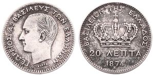 Greece, Kingdom, George I, 20 Lepta Silver 1874A, Head left, KM 44, VF 