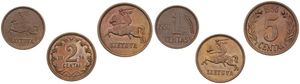 Lithuania, Republic, 1, 2 & 5 Centai Bronze 1936, National arms, KM 79/81, VF/XF