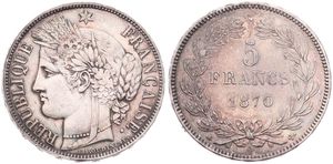France, Republic, 5 Francs Silver 1870A, Laureate head left, KM 818.1 Paris, XF