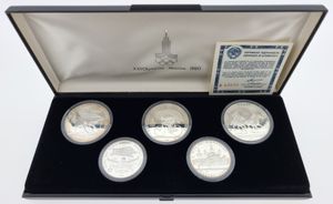 Russia, (U.S.S.R.), Official Olympics SILVER coin Set (1980) (5) in original box with certificate, KM div, PROOF