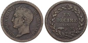 Monaco, Principality, Honore V, 1 Decime Copper 1838M C, Head left, KM 97.1, (wide rim), A.VF