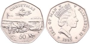 Isle of Man, British Dependency, Elizabeth II, 50 Pence Copper-Nickel 1985, Christmas - Airplanes, KM 158, UNC