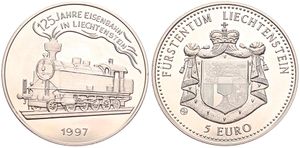 Liechtenstein, Principality, Prince Hans Adam II, 5 Euro Copper-Nickel 1997, 125th Anniversary of Railroad in Liechtenstein, KM X 35, UNC
