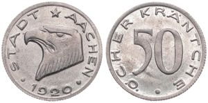 Germany, Emergency Coinage, Aachen, 50 Pfennig Iron 1920, Eagle head above date / Value within legend, UNC