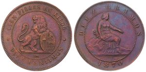 Spain, Provisional Government, 10 Centimos Copper 1870 OM, Lion standing with shield within beaded circle, KM 663, XF