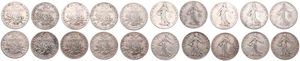 France, Republic, 5 x 50 Centimes Silver 1903 & 5 x 50 Centimes Silver 1911, Figure sowing seed, KM 854, all RARE DATES, F/VF