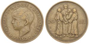 Romania, Kingdom, Mihai I, 20 Lei Nickel-Brass 1930, Young head left, KM 50, A.VF