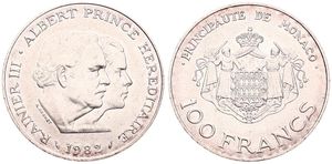 Monaco, Principality, Rainier III, 100 Francs Silver 1982, Heir Apparent Prince Albert, KM 161, UNC