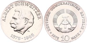 Germany, Democratic Republic, 10 Mark Silver 1975, Centenary of the Birth of Albert Schweitzer, KM 56, UNC