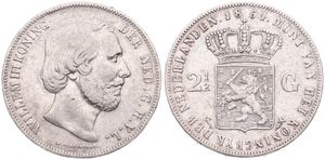 Netherlands, Kingdom, William III, 2-1/2 Gulden Silver 1854, Bearded head right, KM 82, VF
