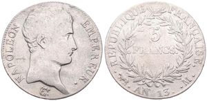 France, First Empire, Napoleon, 5 Francs Silver AN 13M, Bare head right, KM 662.10 Toulouse, Fine (cleaned)