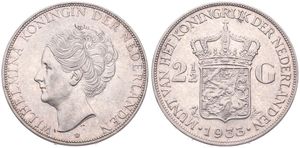 Netherlands, Kingdom, Wilhelmina I, 2-1/2 Gulden Silver 1933, Head left - DEEP HAIR LINES, KM 165, XF