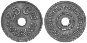 Luxembourg, Grand Duchy, Marie Adelaide, 25 Centimes Zinc 1916, Value above center hole, KM 29, A.UNC