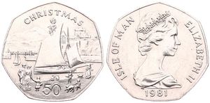 Isle of Man, British Dependency, Elizabeth II, 50 Pence Copper-Nickel 1981, Christmas - Sailing boat left, KM 84, UNC