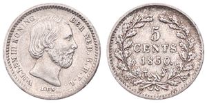 Netherlands, Kingdom, William III, 5 Cents Silver 1850, Bearded head right, KM 91, XF