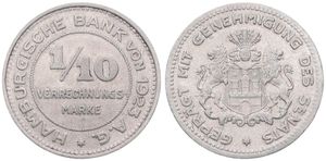 Germany, Emergency Coinage, Hamburg, 1/10 Verrechnungsmarke Aluminum 1923, City arms with lion supporters / Legend surrounding denomination within circle, XF