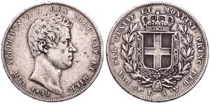 Italian States, Sardinia, Carlo Alberto, 5 Lire Silver 1832 P, Bust right, KM 113.4, VF
