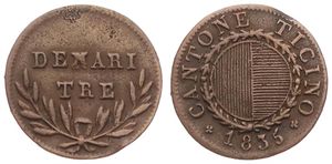 Switzerland, Swiss Cantons, Ticino, 3 Denari Copper 1835, Round shield within circle wreath, KM 5, VF