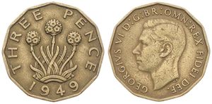 Great Britain, Kingdom, George VI, 3 Pence Nickel-Brass 1949, Head left, KM 873,  SCARCE KEY DATE, VF