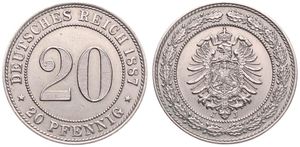 Germany, Empire, Wilhelm I, 20 Pfennig Copper-Nickel 1887J, Crowned imperial eagle within beaded circle, KM 9.1, A.UNC