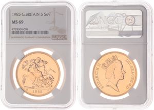 Great Britain, Kingdom, Elizabeth II, 5 Pounds Gold 1985, Crowned head right / St. George slaying the dragon, KM 945, NGC Graded MS 69 (*)