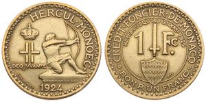 Monaco, Principality, Louis II, 1 Franc Aluminum-Bronze 1924, Hercules shooting bow to right, KM 111, XF
