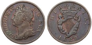 Ireland, British Dependency, George IV, 1/2 Penny Copper 1822, Laureate bust left, KM 150, VF