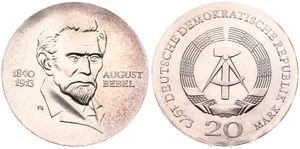 Germany, Democratic Republic, 20 Mark Silver 1973, 60th Anniversary of the Death of August Bebel, KM 46, UNC