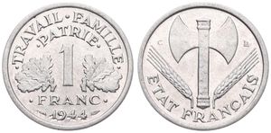 France, Republic, 1 Franc Aluminum 1944C, Grain sprigs flank double bit axe, KM 902.3 (Small c), A.UNC