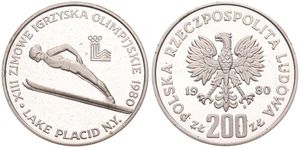 Poland, Peoples Republic, 200 Zlotych Silver 1980, Olympics - Without torch below ski jumper, KM 110a, PROOF