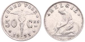 Belgium, Kingdom, Albert I, 50 Centimes Nickel 1933FL, Kneeling woman left, Morin 422, VARIETY WITH DOUBLE 3 IN DATE, VF