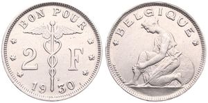 Belgium, Kingdom, Albert I, 2 Francs Nickel 1930FR, Kneeling woman left, Morin 394, SCARCE DATE, A.XF