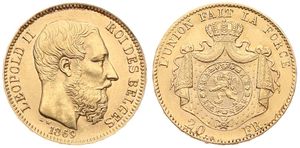 Belgium, Kingdom, Leopold II, 20 Francs Gold 1869, Bearded head right, Morin 143 (Position A), XF (*)