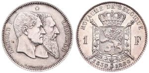 Belgium, Kingdom, Leopold II, 1 Franc Silver 1880FR, 50th Anniversary of Belgian Independence, Morin 191 WITH INCOMPLETE CROSS ON CROWN, XF